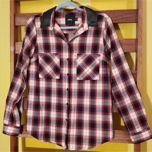 ASOS Red Plaid & Faux Leather Collar Top, Sz 6